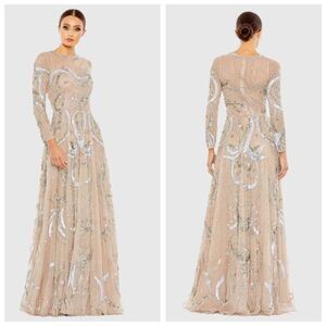 Mac Duggal Womens Sequined Embellished Illusion Evening Gown Beige Size 16